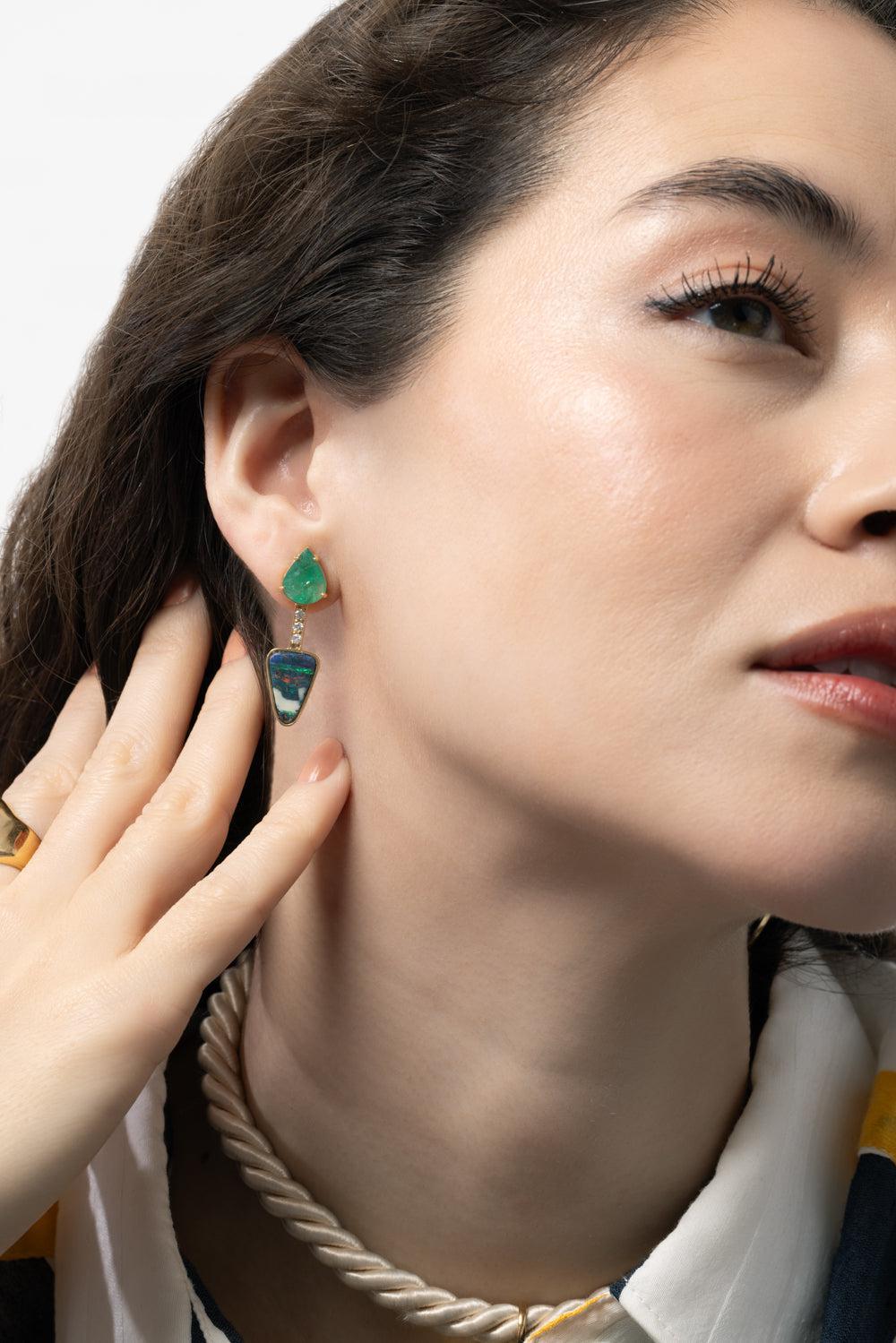 Yellow Opal Emerald Earrings-YELLOW GOLD-JEWELRYFINE JEWELEARRING-DENISE CASSOU