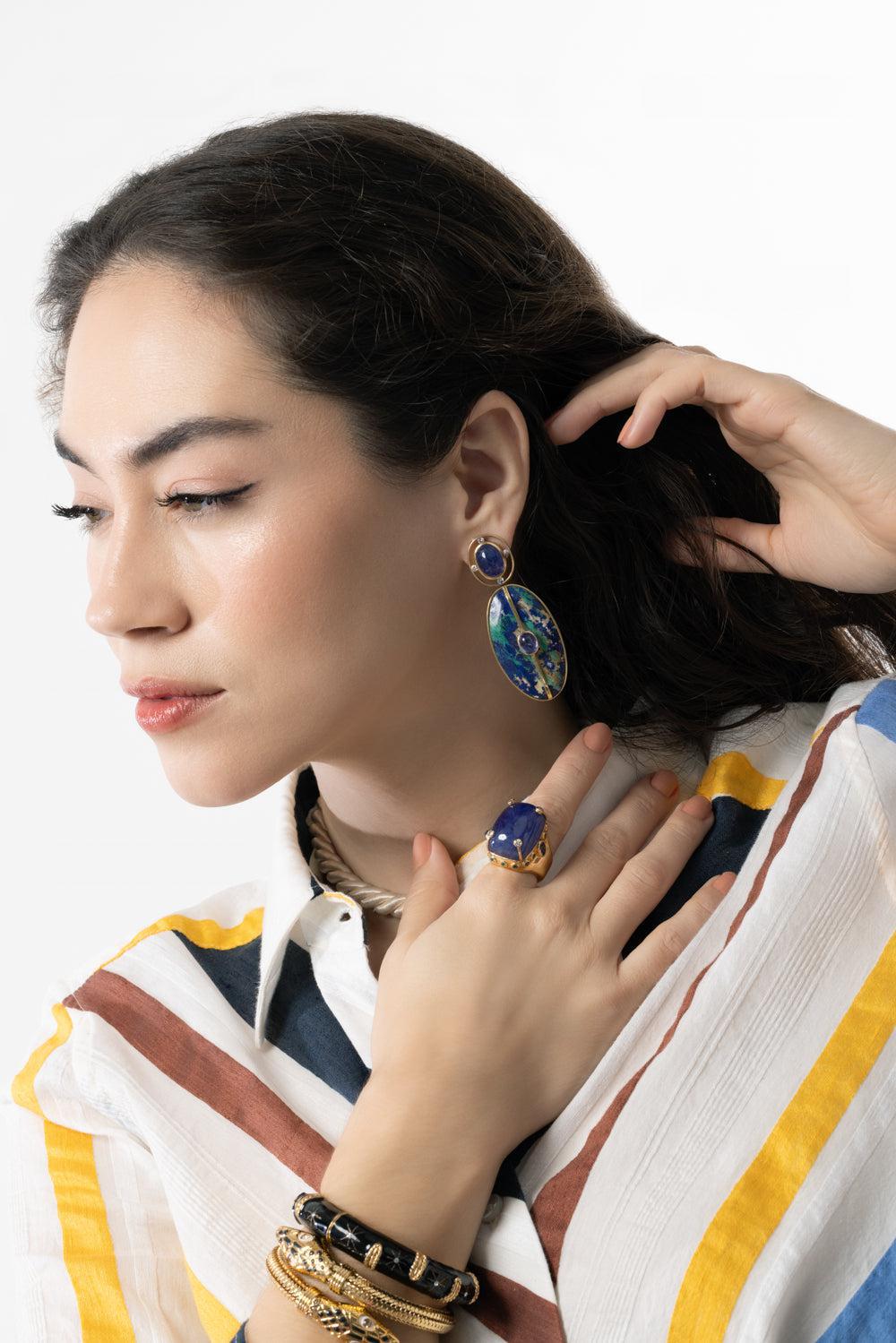 Azurite Malachite Diamond Earrings-YELLOW GOLD-JEWELRYFINE JEWELEARRING-DENISE CASSOU