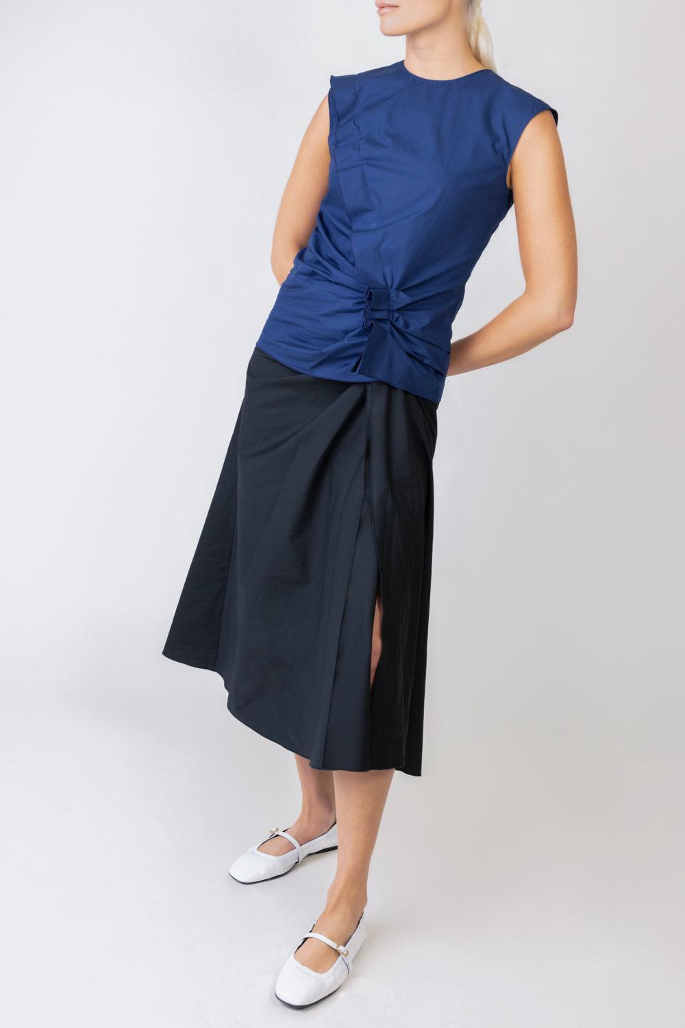 Sleeveless Gathered Top - Navy-NAVY-38-CLOTHINGTOPBLOUSE-MANTU