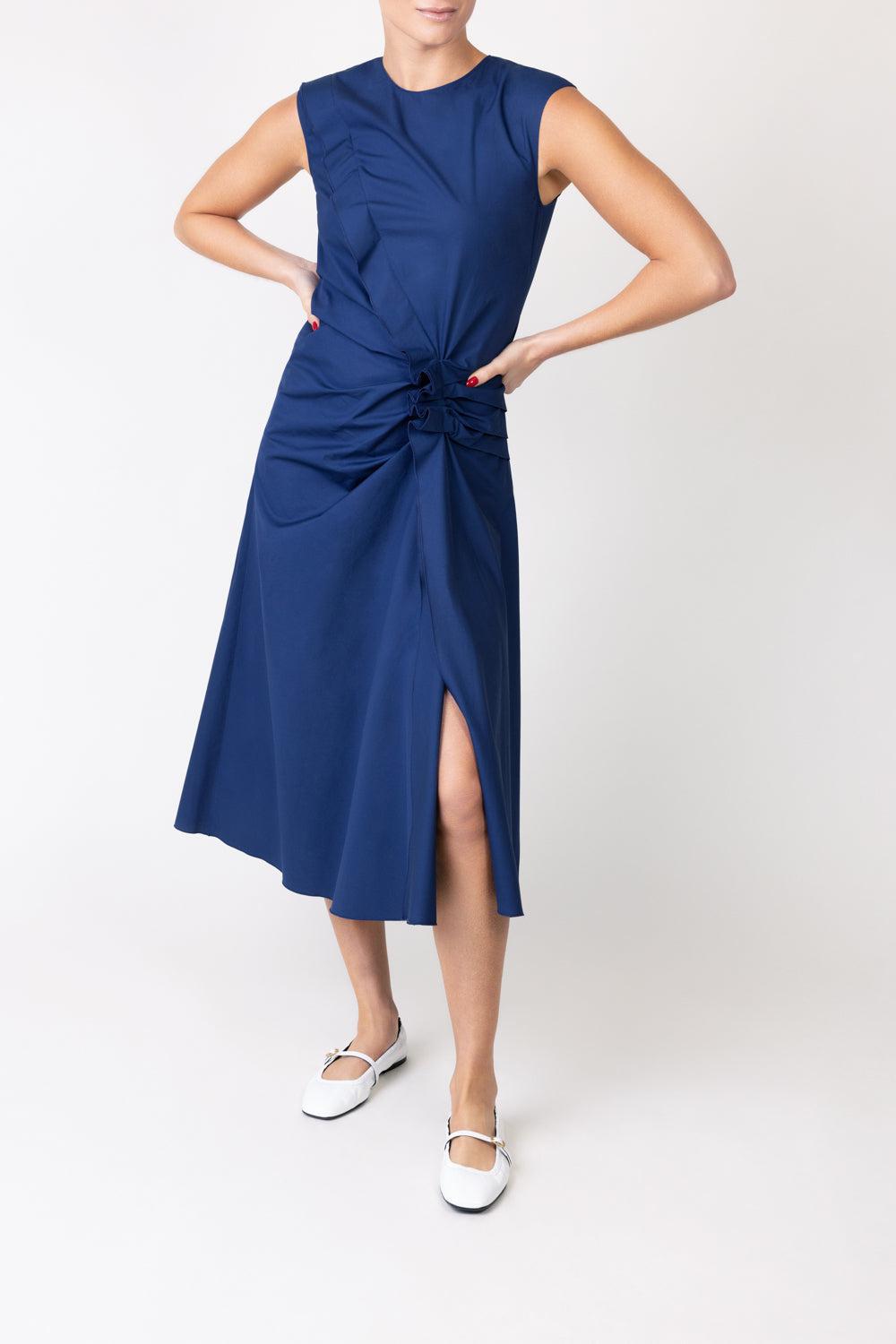 Sleeveless Gathered Midi Dress-NAVY-38-CLOTHINGDRESSCASUAL-MANTU