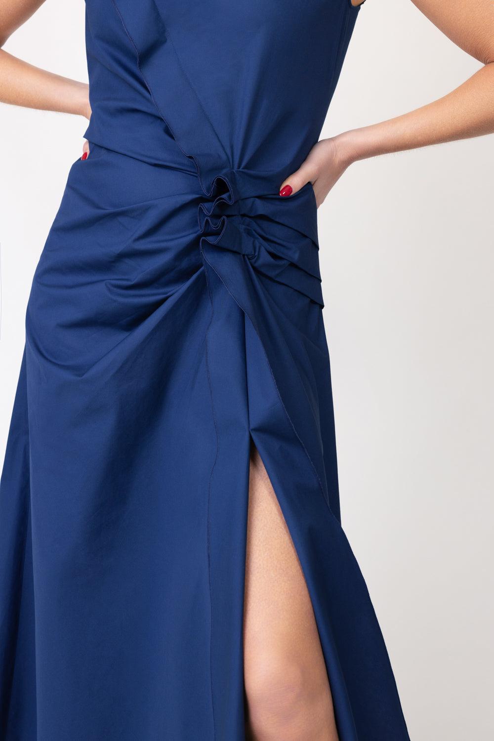 Sleeveless Gathered Midi Dress-NAVY-38-CLOTHINGDRESSCASUAL-MANTU