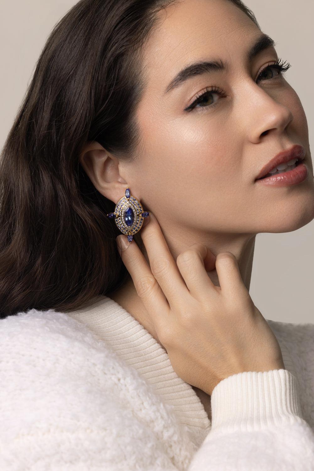 Tanzanite Diamond Earrings-YELLOW GOLD-JEWELRYFINE JEWELEARRING-DENISE CASSOU