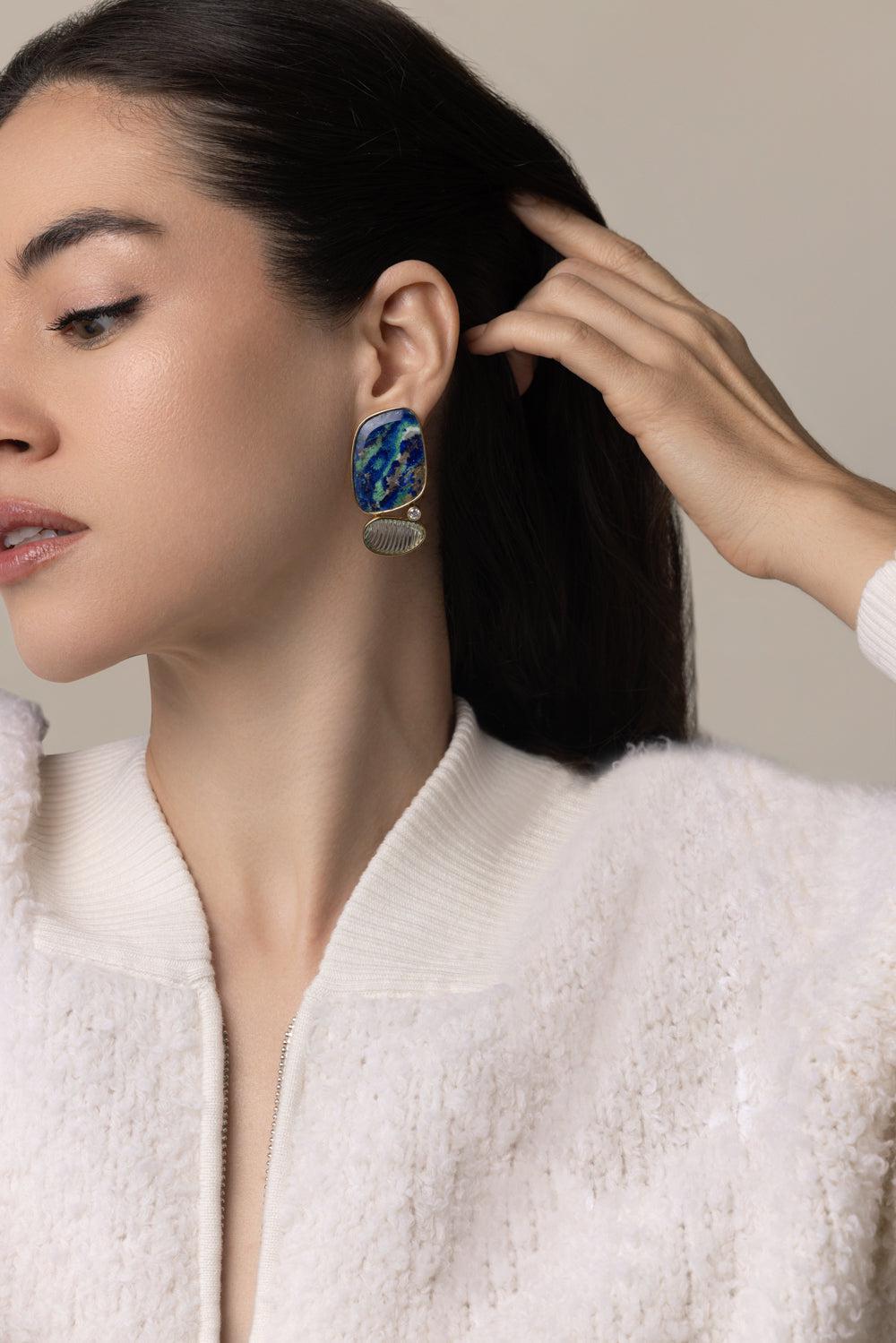 Azurite Malachite Tourmaline Earrings-YELLOW GOLD-JEWELRYFINE JEWELEARRING-DENISE CASSOU