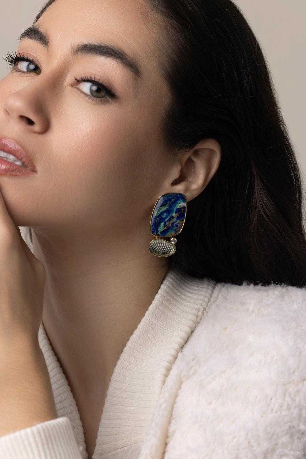 Azurite Malachite Tourmaline Earrings-YELLOW GOLD-JEWELRYFINE JEWELEARRING-DENISE CASSOU