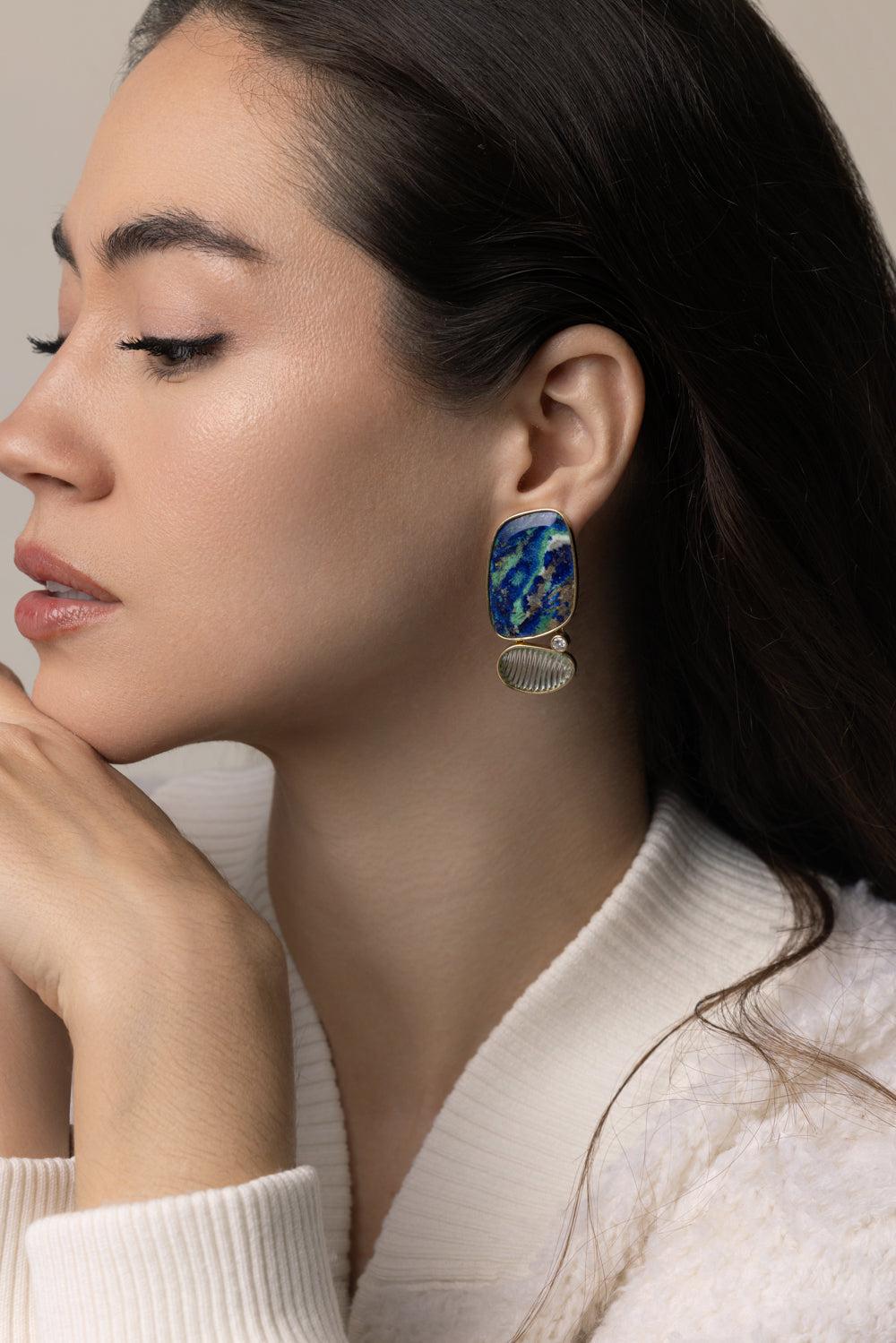 Azurite Malachite Tourmaline Earrings-YELLOW GOLD-JEWELRYFINE JEWELEARRING-DENISE CASSOU