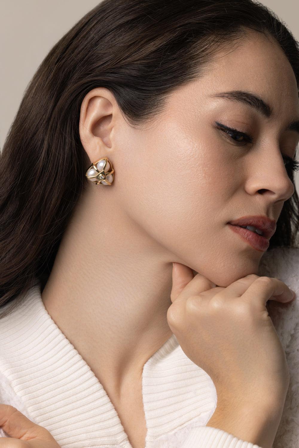 Pearl Diamond Earrings-YELLOW GOLD-JEWELRYFINE JEWELEARRING-DENISE CASSOU