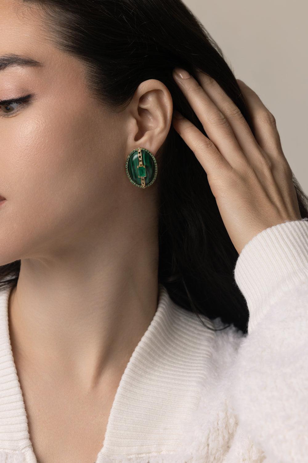 Malachite Diamond Earrings-YELLOW GOLD-JEWELRYFINE JEWELEARRING-DENISE CASSOU