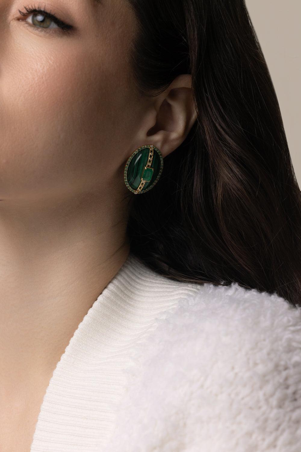 Malachite Diamond Earrings-YELLOW GOLD-JEWELRYFINE JEWELEARRING-DENISE CASSOU