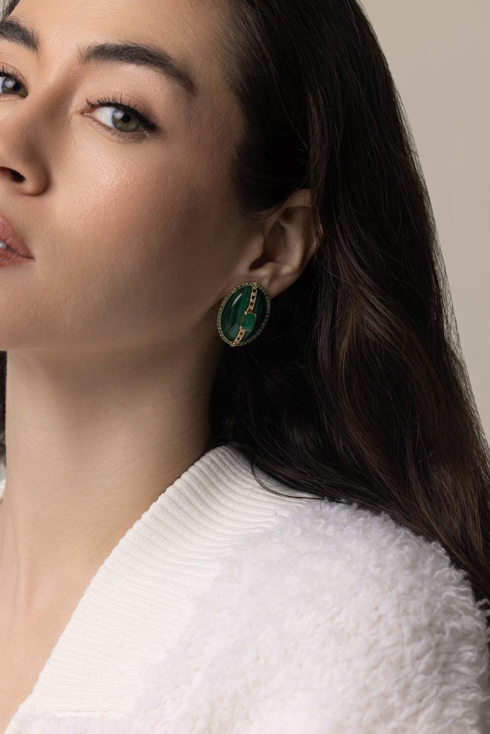 Malachite Diamond Earrings-YELLOW GOLD-JEWELRYFINE JEWELEARRING-DENISE CASSOU