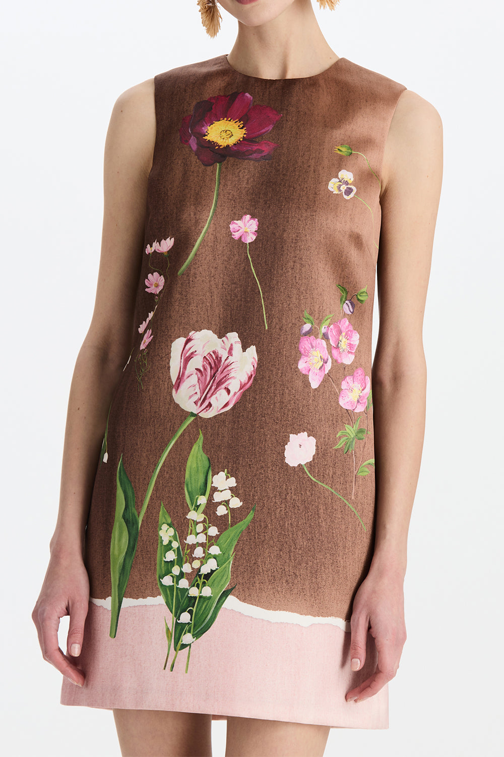 Mixed Botanical Sleeveless Short Dress-BROWN-4-CLOTHINGDRESSCOCKTAIL-OSCAR DE LA RENTA