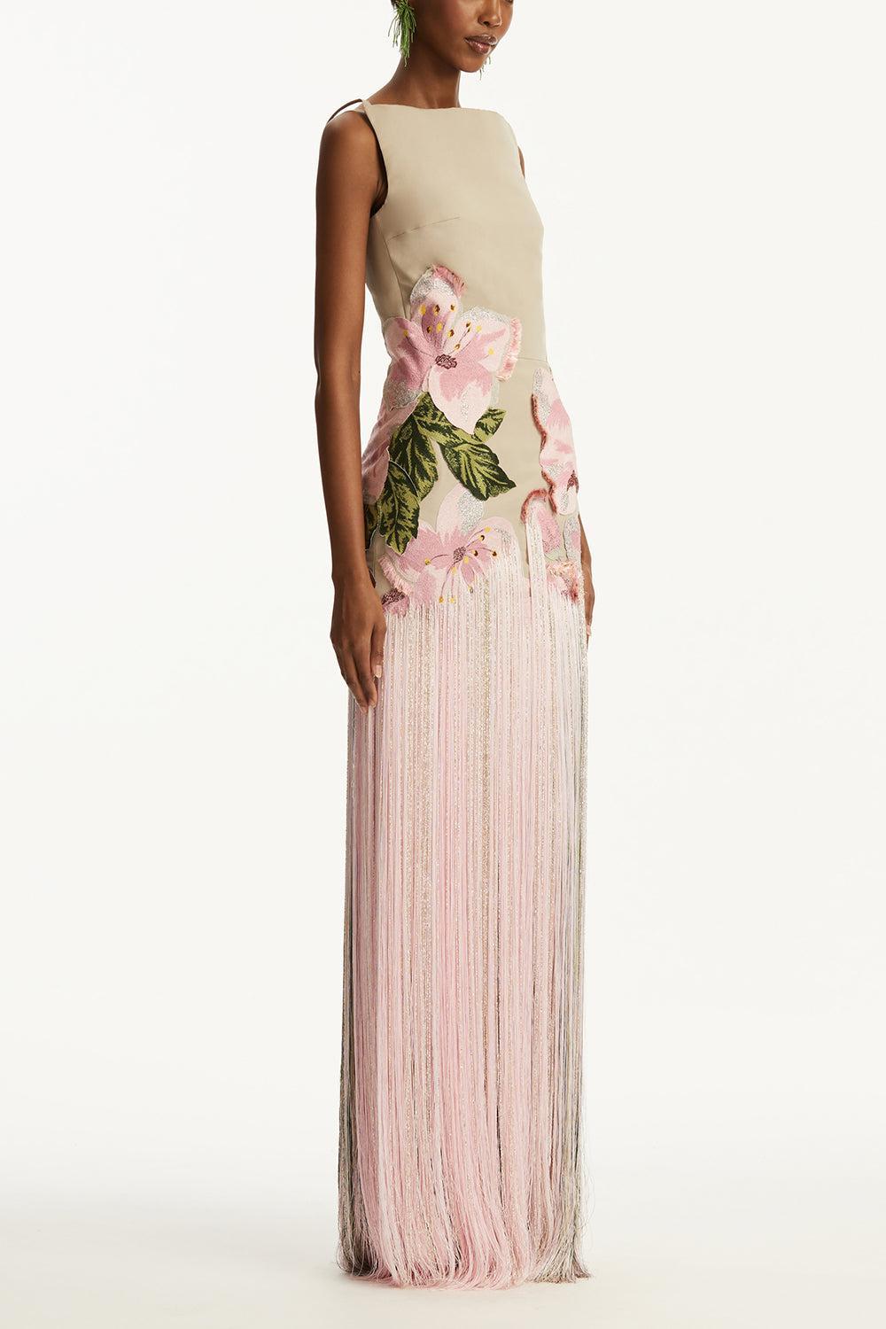 Sleeveless Embroidered Fringe Gown-PEWTER-6-CLOTHINGDRESSGOWN-OSCAR DE LA RENTA