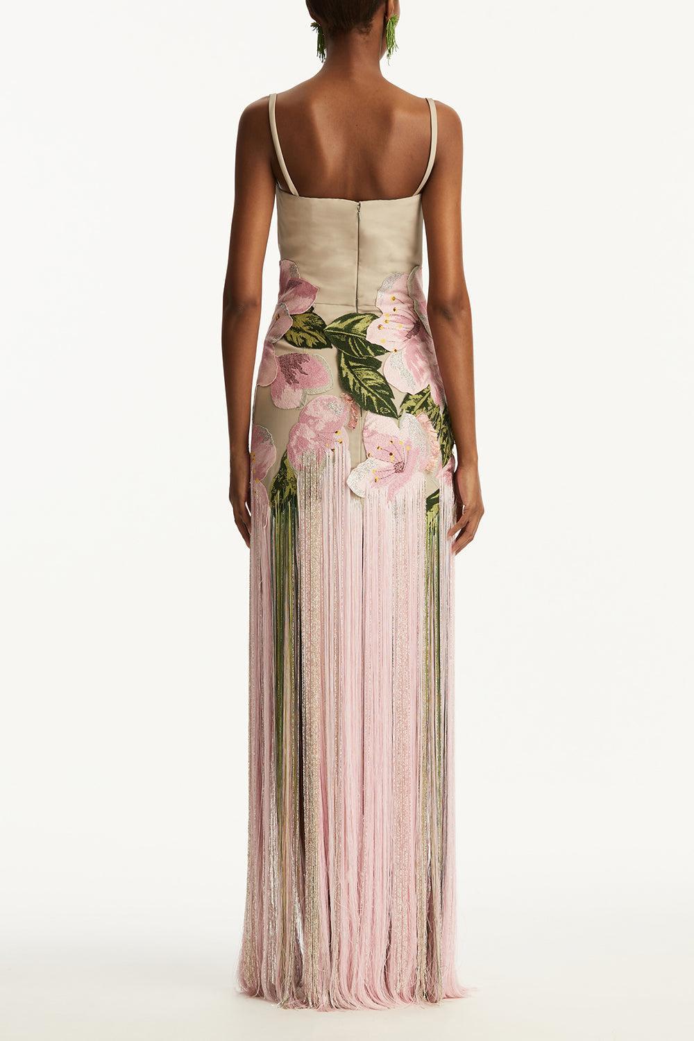 Sleeveless Embroidered Fringe Gown-PEWTER-6-CLOTHINGDRESSGOWN-OSCAR DE LA RENTA