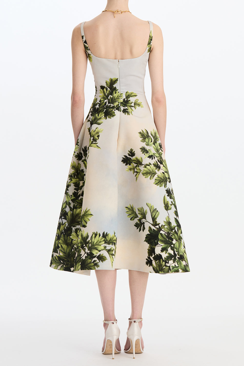 Foliage Sleeveless Flare Midi Dress-GREEN-4-CLOTHINGDRESSCOCKTAIL-OSCAR DE LA RENTA