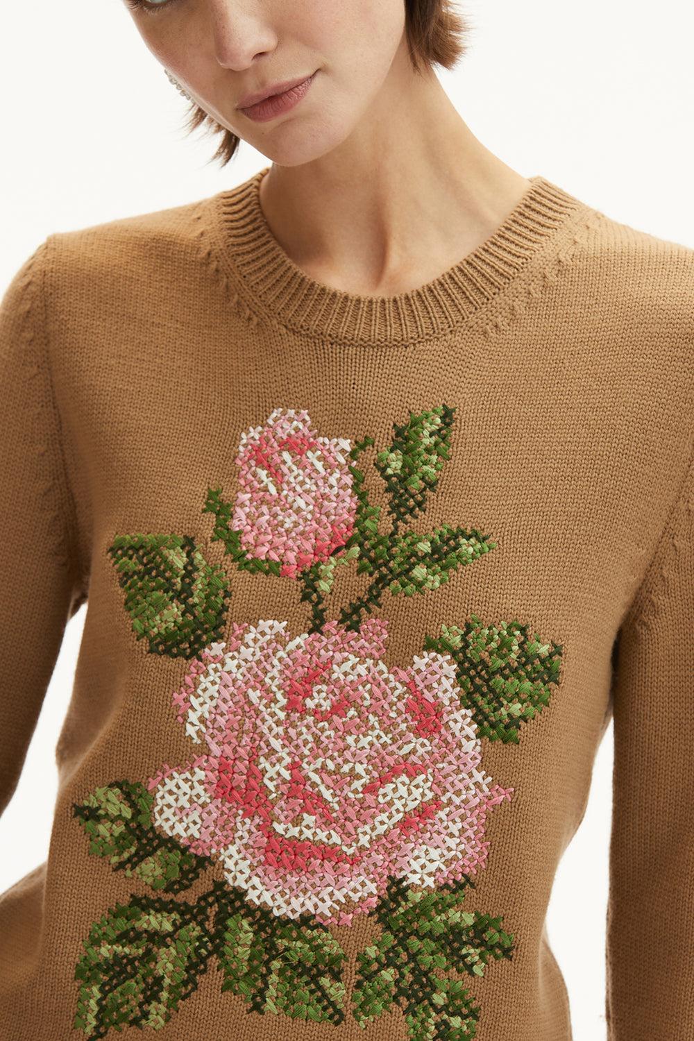 Long Sleeve Rose Embroidered Pullover-WALNUT-XS-CLOTHINGTOPKNITS-OSCAR DE LA RENTA