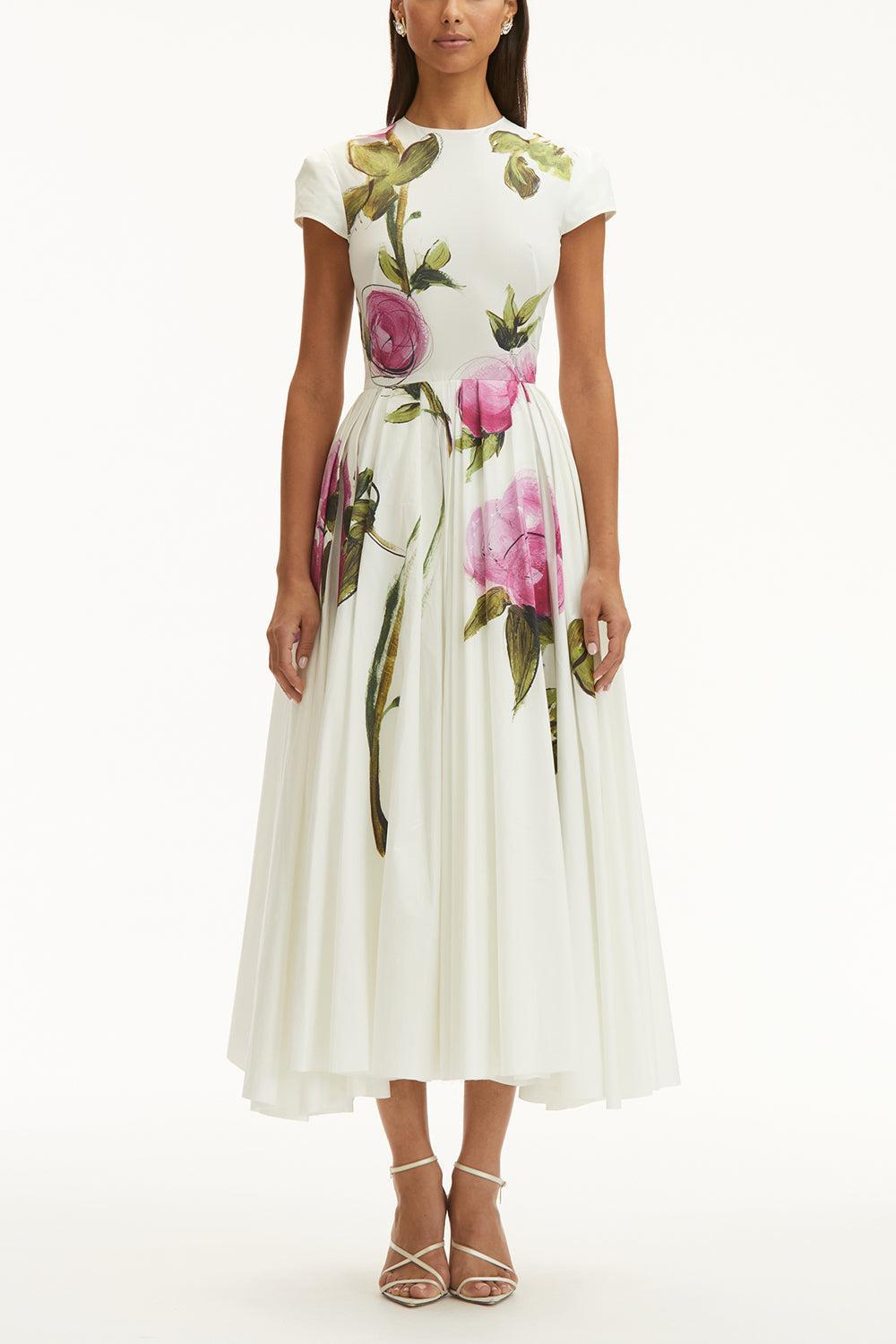 Cap Sleeve Pleated Roses Midi Dress-PNK/WHT-4-CLOTHINGDRESSCASUAL-OSCAR DE LA RENTA