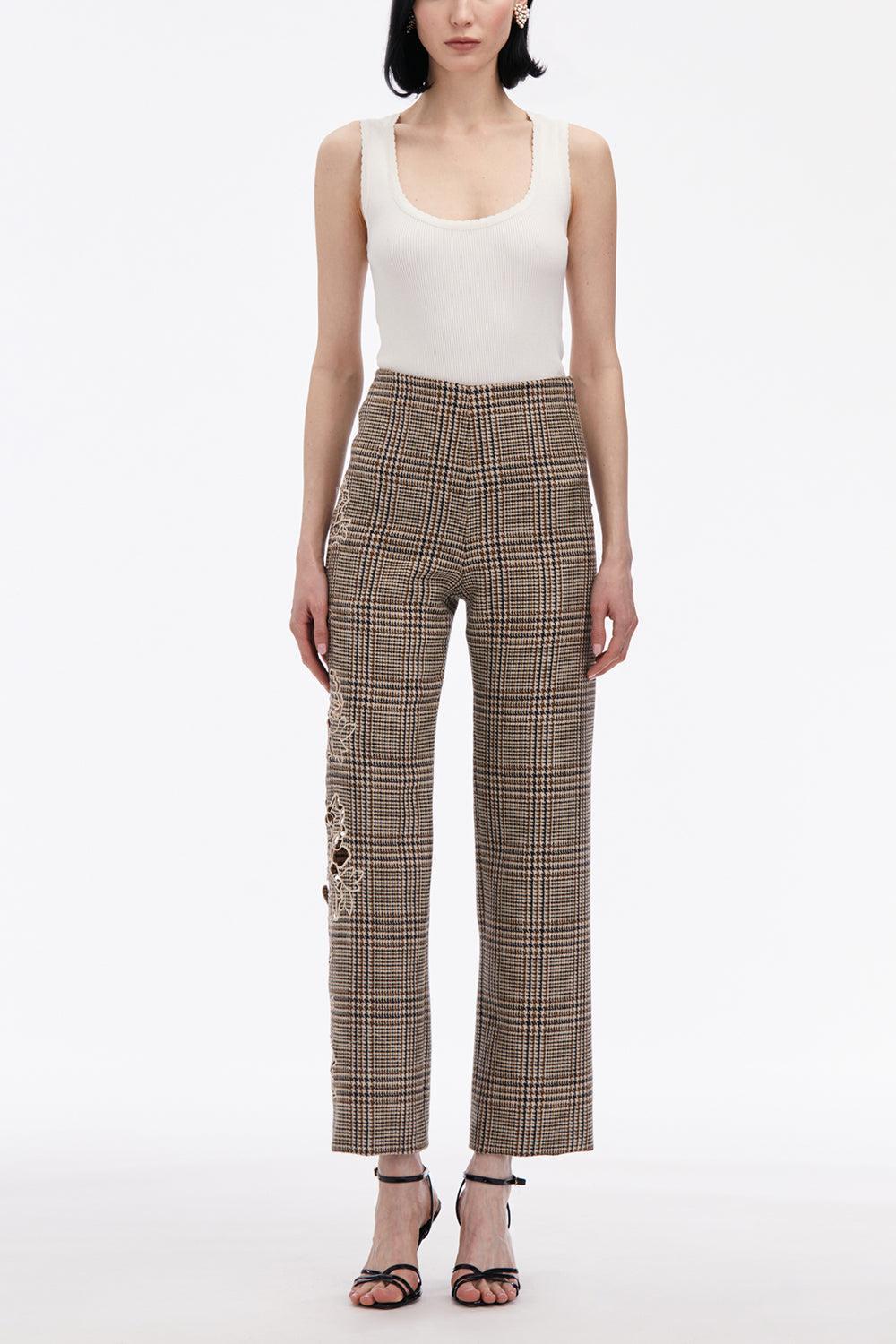 Peony Appliqué Plaid Pant-COCOAMLT-2-CLOTHINGPANTCROPPED-OSCAR DE LA RENTA