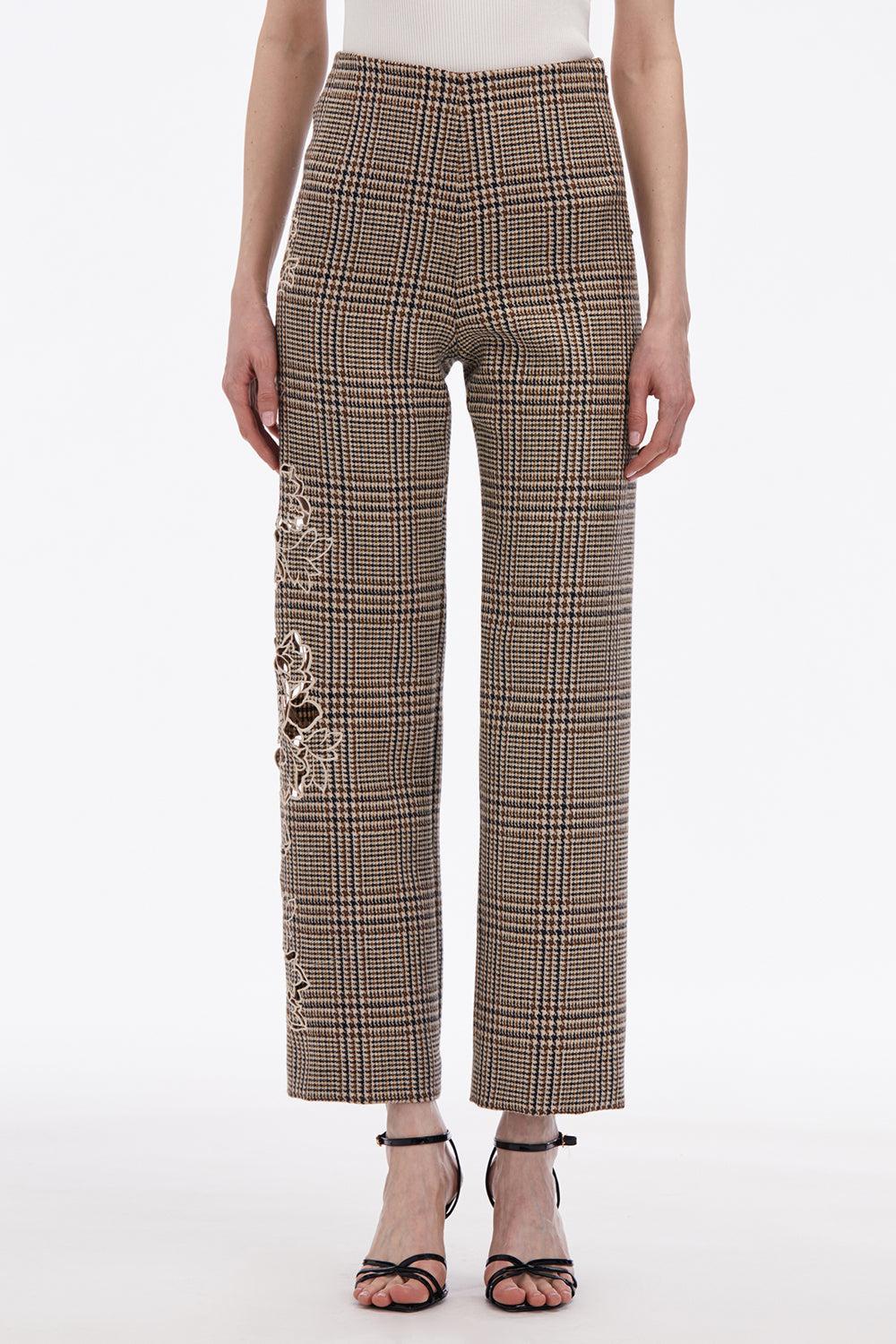 Peony Appliqué Plaid Pant-COCOAMLT-2-CLOTHINGPANTCROPPED-OSCAR DE LA RENTA