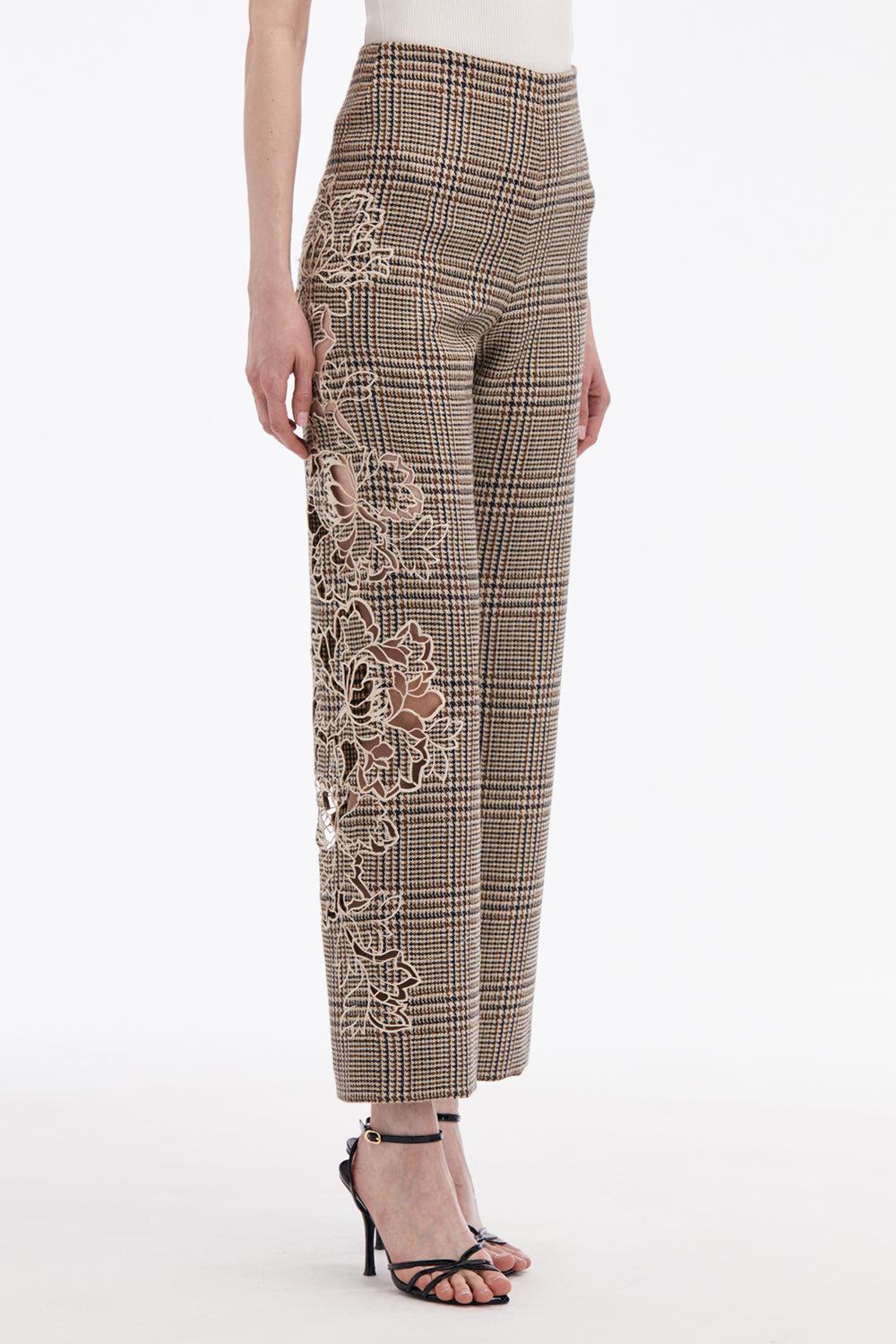 Peony Appliqué Plaid Pant-COCOAMLT-2-CLOTHINGPANTCROPPED-OSCAR DE LA RENTA