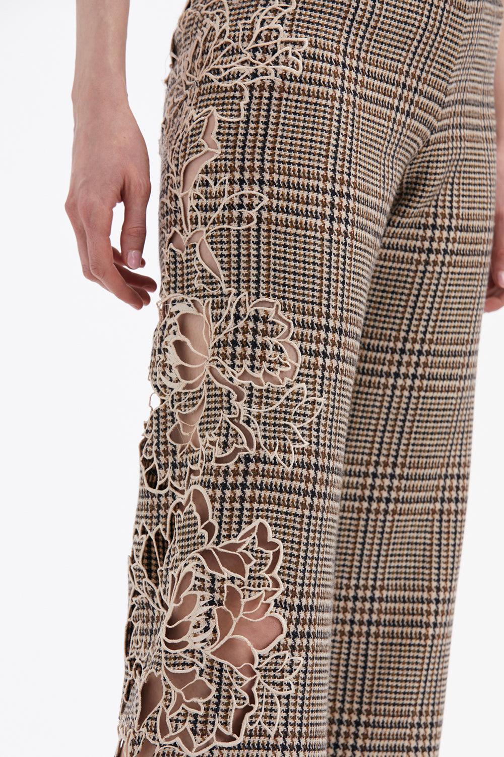 Peony Appliqué Plaid Pant-COCOAMLT-2-CLOTHINGPANTCROPPED-OSCAR DE LA RENTA