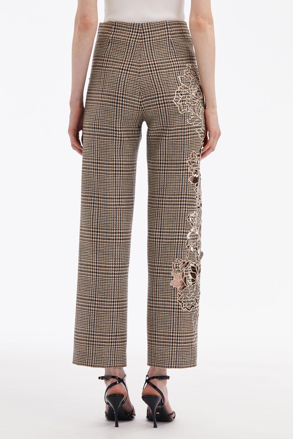Peony Appliqué Plaid Pant-COCOAMLT-2-CLOTHINGPANTCROPPED-OSCAR DE LA RENTA