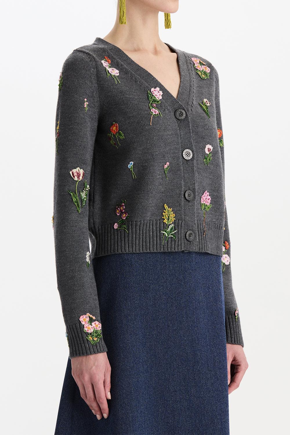  Mini Floral Long Sleeve Cardigan-GREY-XS-CLOTHINGTOPCARDIGAN-OSCAR DE LA RENTA 