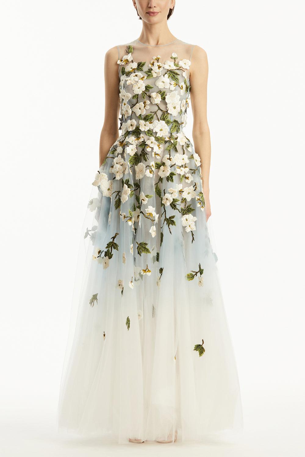Sleeveless Cherry Blossom Illusion Gown-BLUE/WHT-12-CLOTHINGDRESSGOWN-OSCAR DE LA RENTA