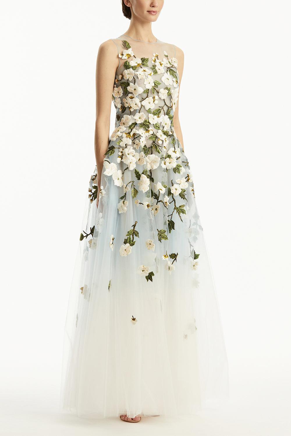 Sleeveless Cherry Blossom Illusion Gown-BLUE/WHT-12-CLOTHINGDRESSGOWN-OSCAR DE LA RENTA