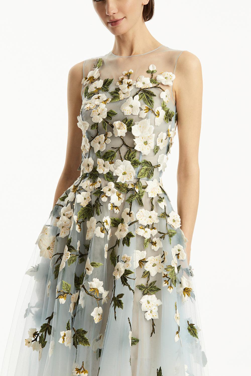 Sleeveless Cherry Blossom Illusion Gown-BLUE/WHT-12-CLOTHINGDRESSGOWN-OSCAR DE LA RENTA
