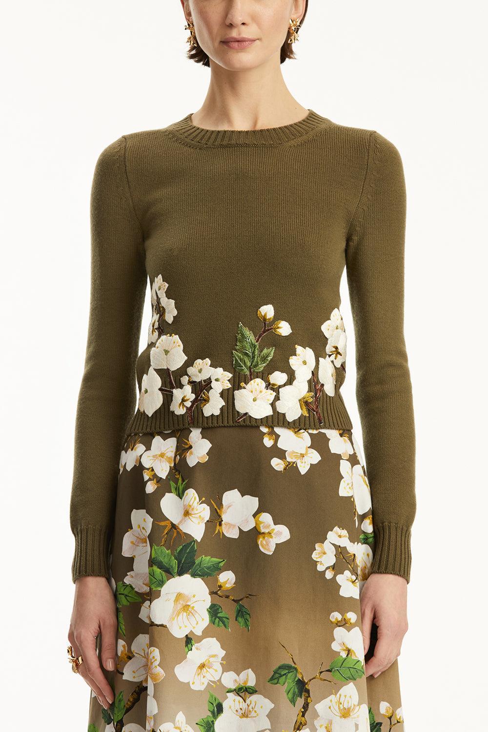 Cherry Blossom Embroidered Pullover-KHAKI-XS-CLOTHINGTOPKNITS-OSCAR DE LA RENTA