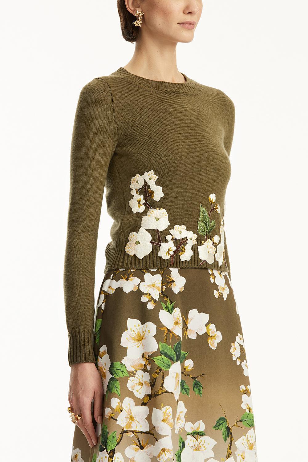 Cherry Blossom Embroidered Pullover-KHAKI-XS-CLOTHINGTOPKNITS-OSCAR DE LA RENTA