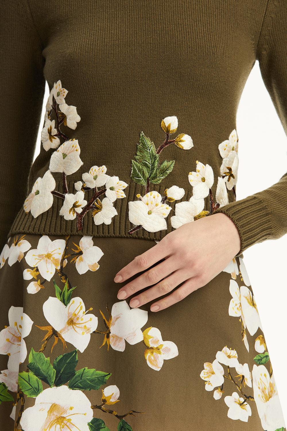 Cherry Blossom Embroidered Pullover-KHAKI-XS-CLOTHINGTOPKNITS-OSCAR DE LA RENTA