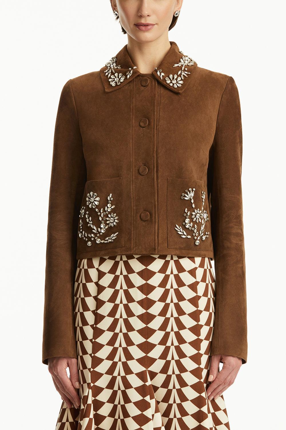 Crystal Embroidered Jacket-DKCOGNAC-4-CLOTHINGJACKETLEATHER-OSCAR DE LA RENTA