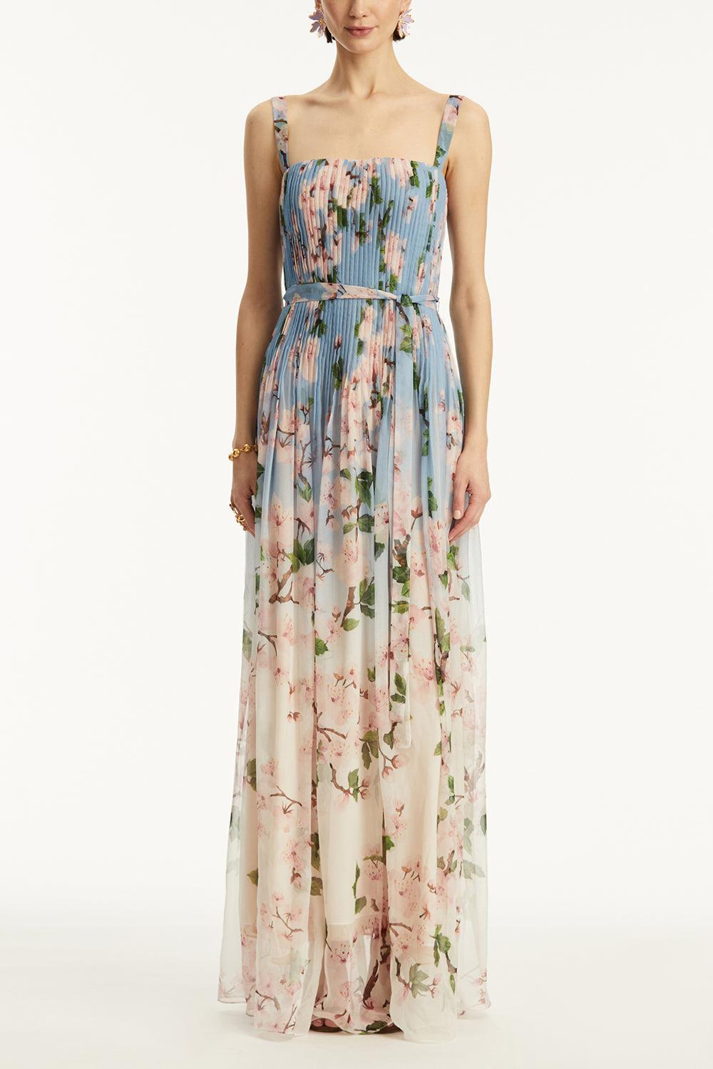 Pleated Ombre Cherry Blossom Gown-PKBLUOMB-4-CLOTHINGDRESSGOWN-OSCAR DE LA RENTA