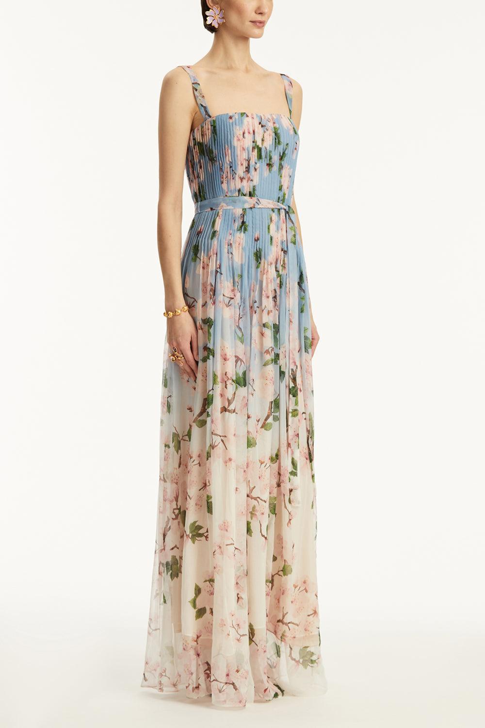Pleated Ombre Cherry Blossom Gown-PKBLUOMB-4-CLOTHINGDRESSGOWN-OSCAR DE LA RENTA