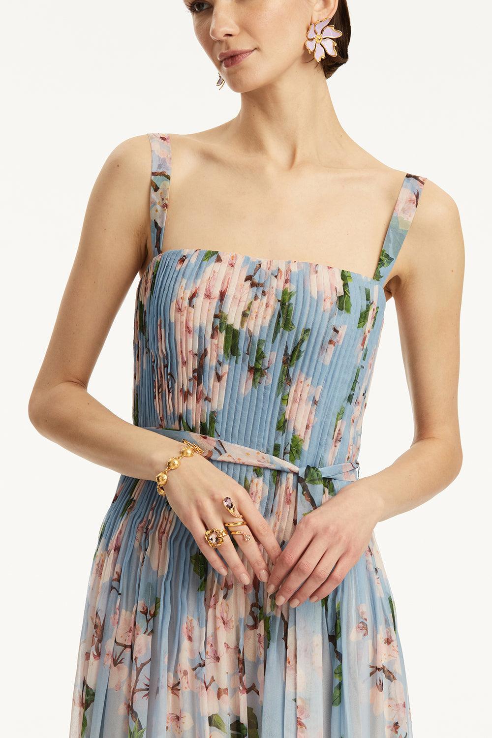 Pleated Ombre Cherry Blossom Gown-PKBLUOMB-4-CLOTHINGDRESSGOWN-OSCAR DE LA RENTA