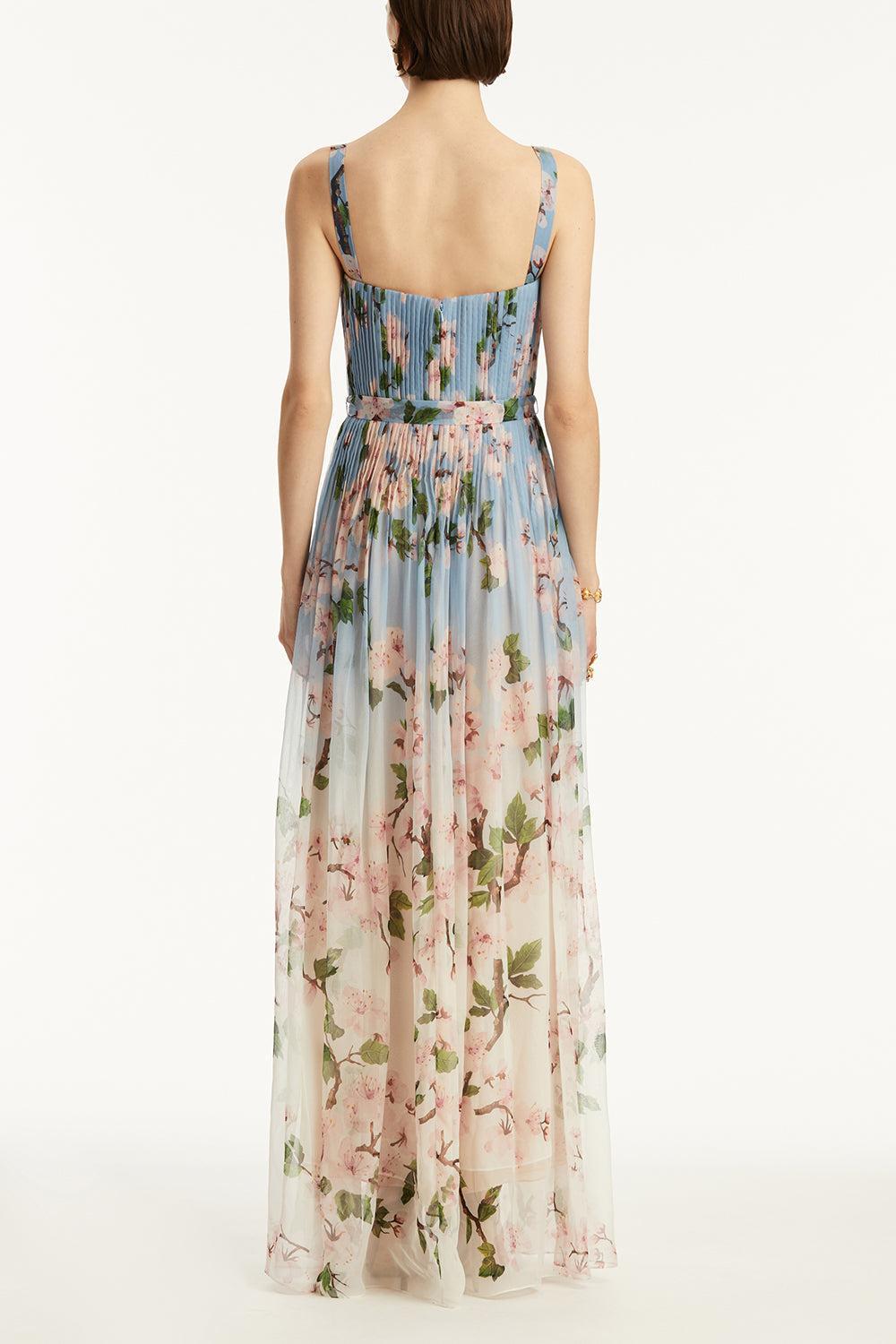 Pleated Ombre Cherry Blossom Gown-PKBLUOMB-4-CLOTHINGDRESSGOWN-OSCAR DE LA RENTA