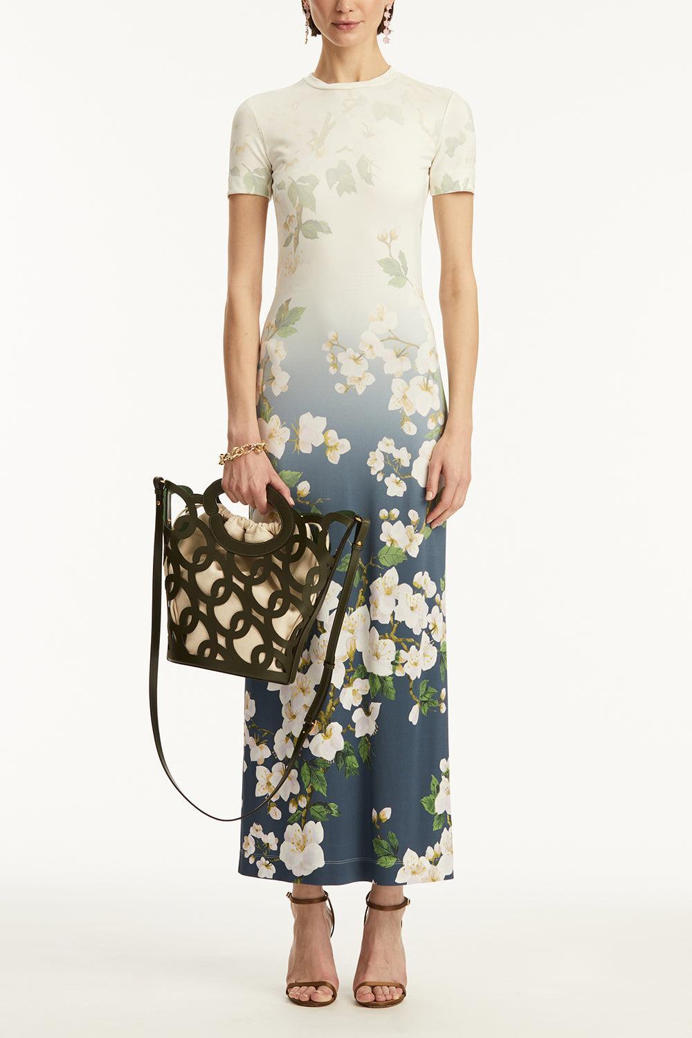 Short Sleeve Cherry Blossom Dress-WHT/NVY-2-CLOTHINGDRESSCASUAL-OSCAR DE LA RENTA