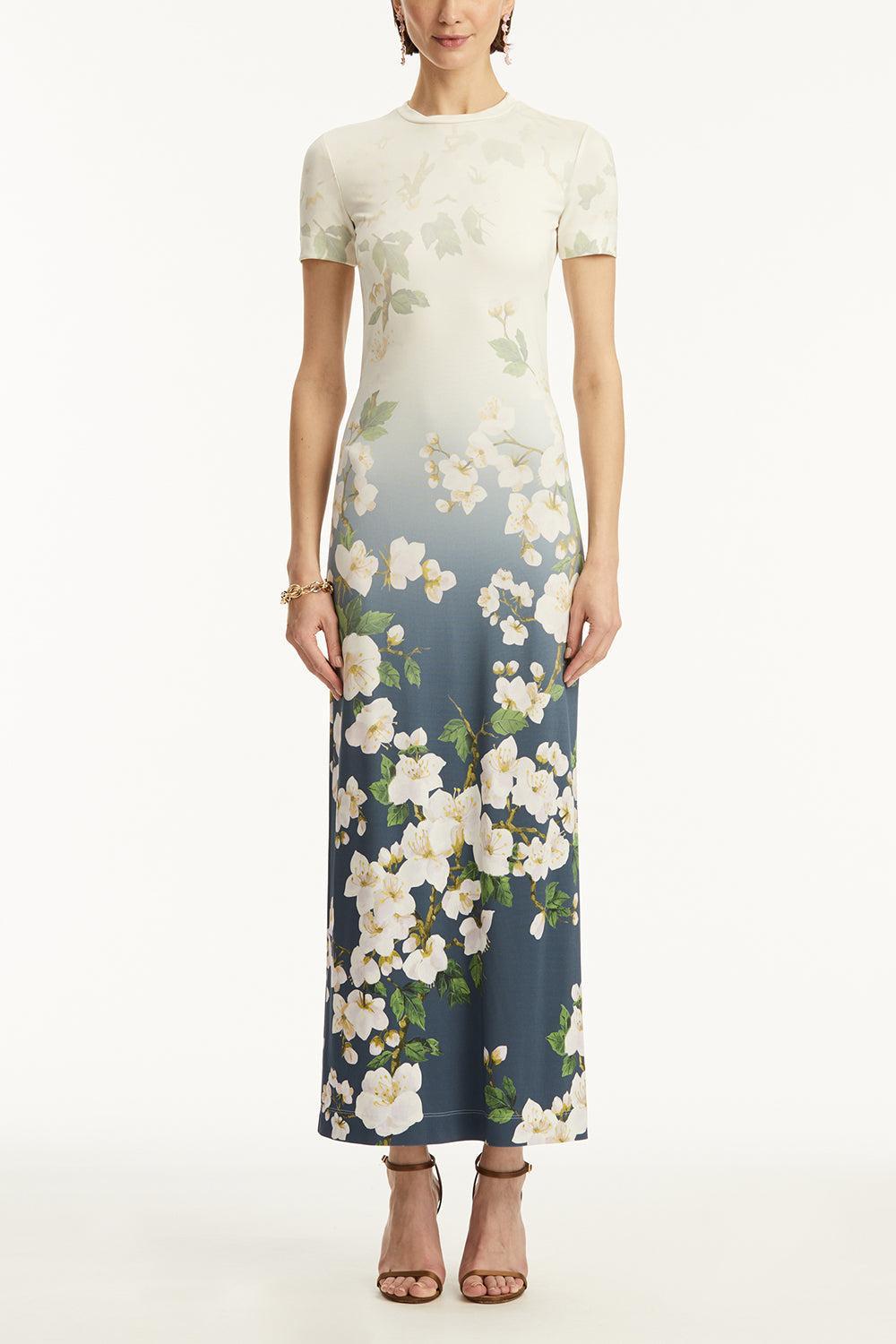 Short Sleeve Cherry Blossom Dress-WHT/NVY-2-CLOTHINGDRESSCASUAL-OSCAR DE LA RENTA