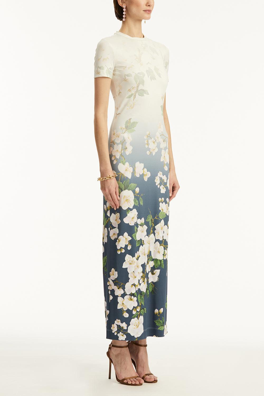Short Sleeve Cherry Blossom Dress-WHT/NVY-2-CLOTHINGDRESSCASUAL-OSCAR DE LA RENTA
