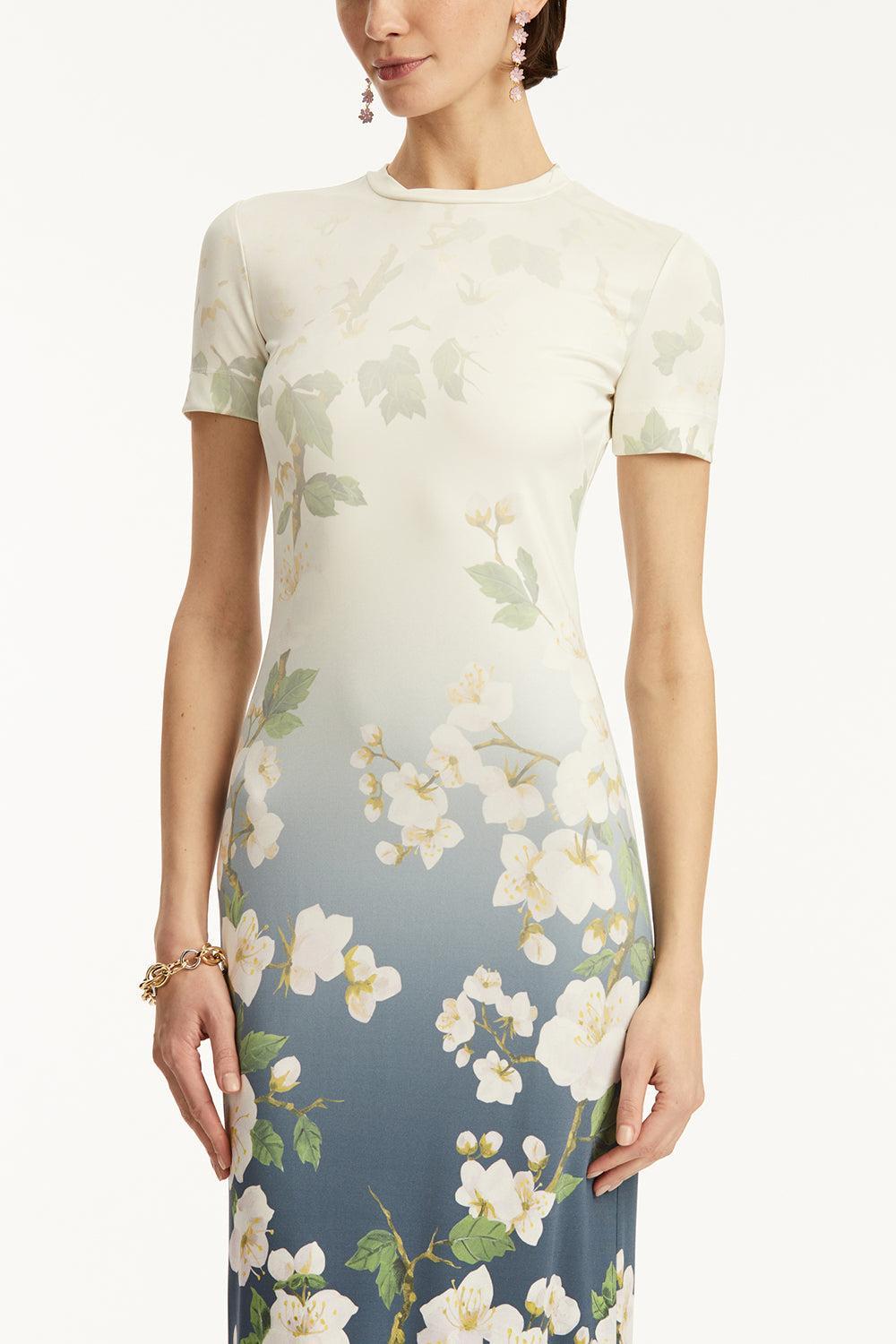 Short Sleeve Cherry Blossom Dress-WHT/NVY-2-CLOTHINGDRESSCASUAL-OSCAR DE LA RENTA