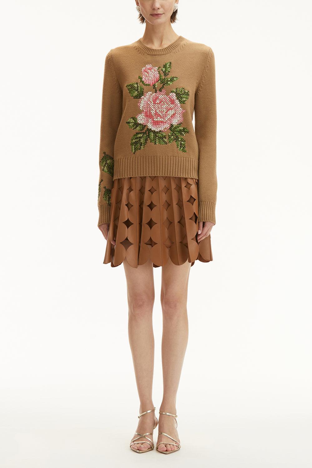 Long Sleeve Rose Embroidered Pullover-WALNUT-XS-CLOTHINGTOPKNITS-OSCAR DE LA RENTA