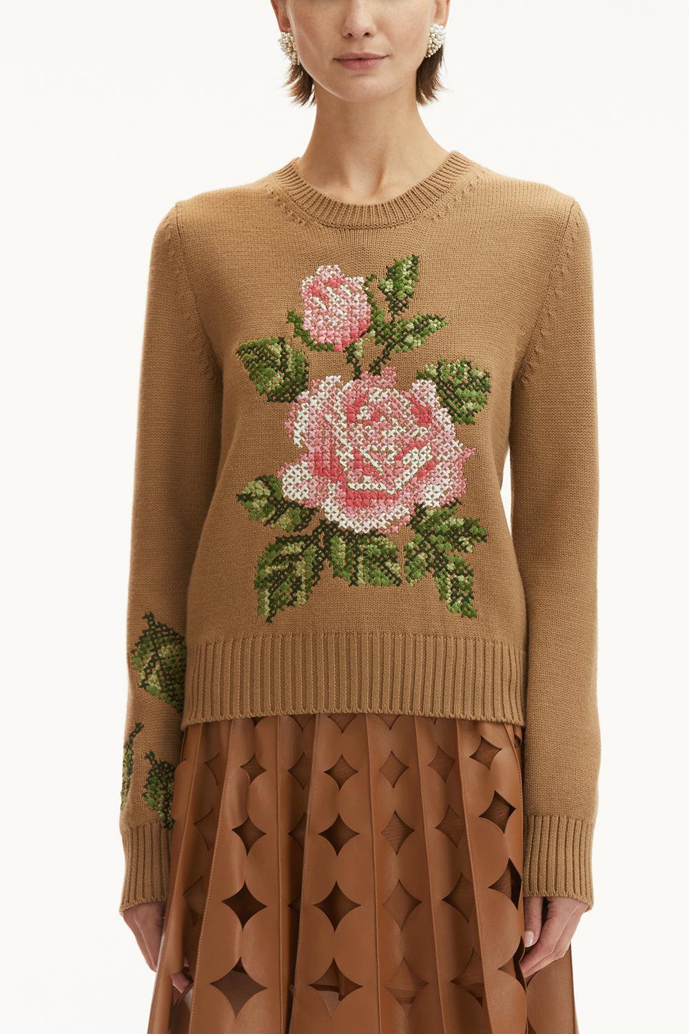 Long Sleeve Rose Embroidered Pullover-WALNUT-XS-CLOTHINGTOPKNITS-OSCAR DE LA RENTA