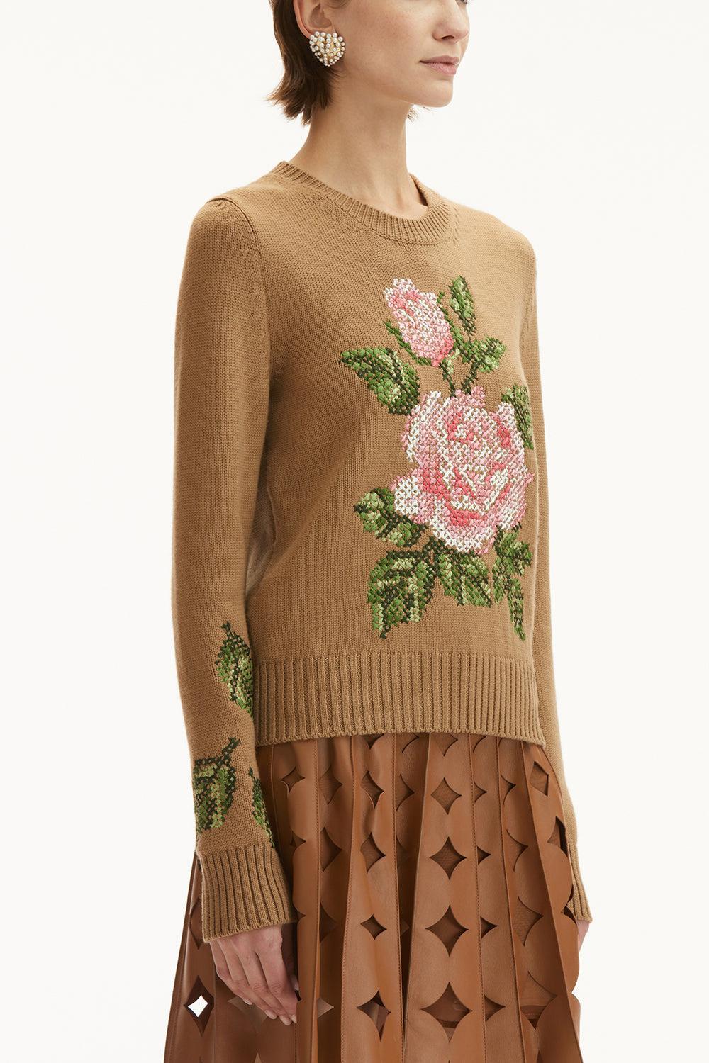 Long Sleeve Rose Embroidered Pullover-WALNUT-XS-CLOTHINGTOPKNITS-OSCAR DE LA RENTA
