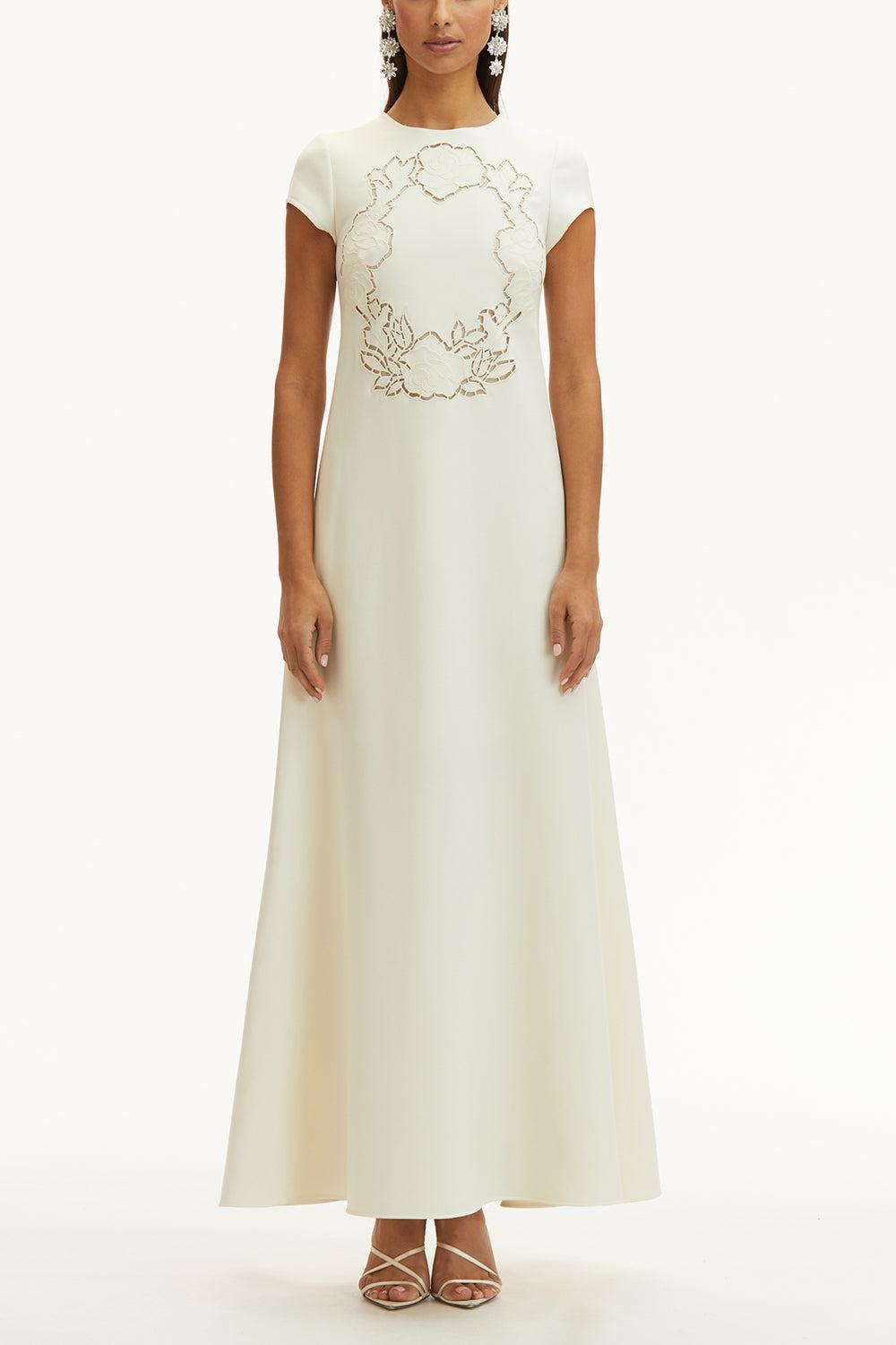 Short Sleeve Floral Cut Out Dress-IVORY-12-CLOTHINGDRESSCASUAL-OSCAR DE LA RENTA
