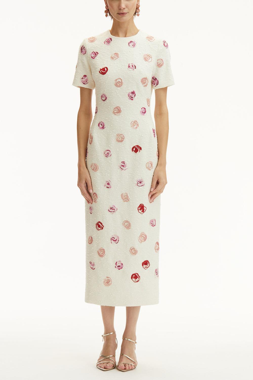 Short Sleeve Rose Embroidered Dress-IVORY-6-CLOTHINGDRESSCASUAL-OSCAR DE LA RENTA