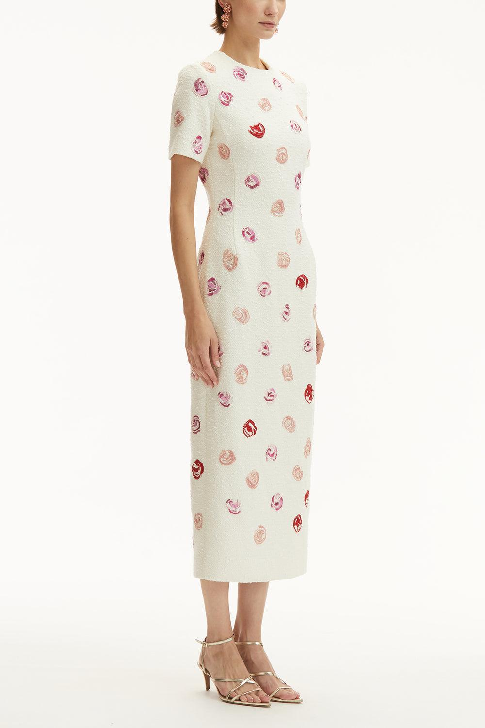 Short Sleeve Rose Embroidered Dress-IVORY-6-CLOTHINGDRESSCASUAL-OSCAR DE LA RENTA