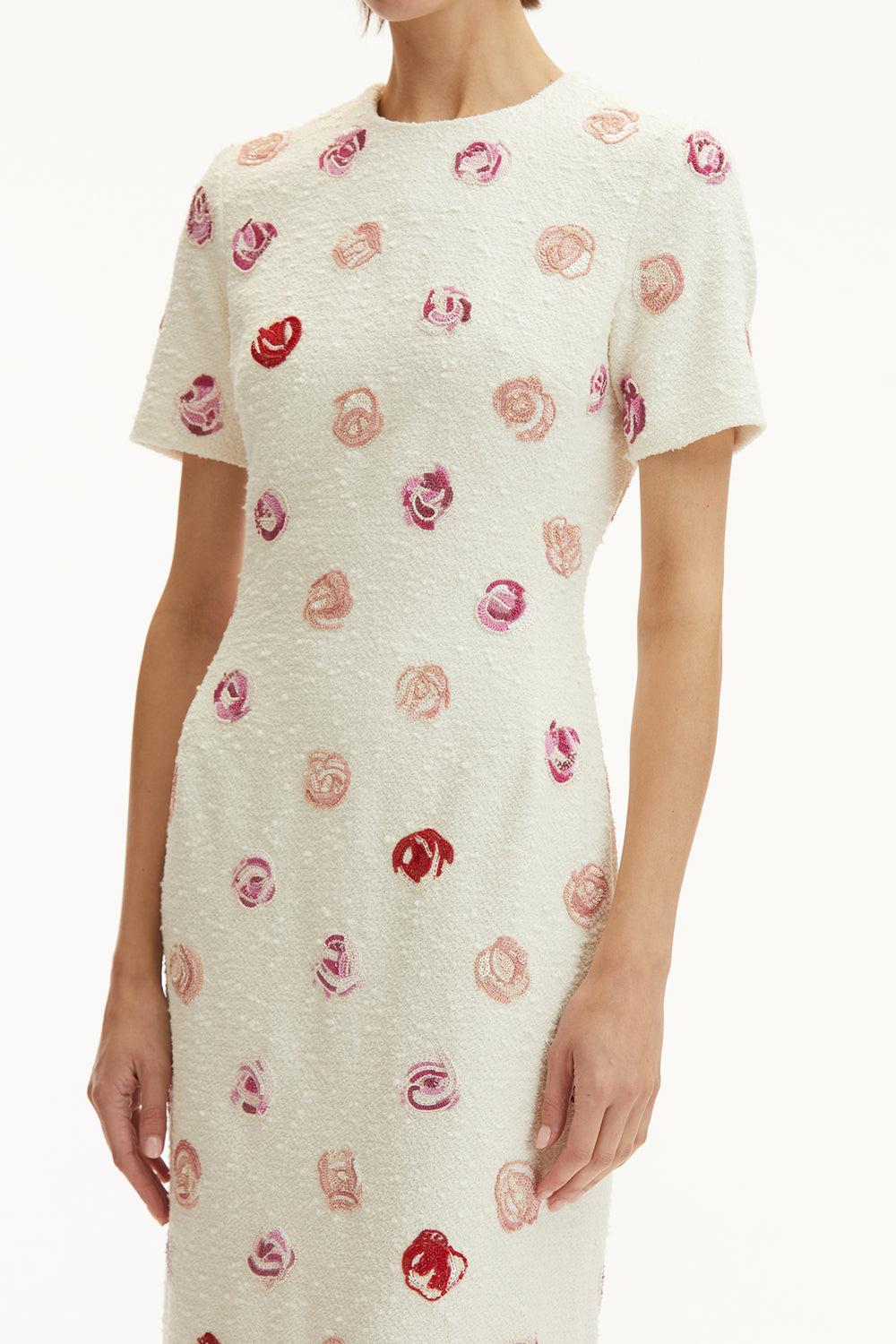 Short Sleeve Rose Embroidered Dress-IVORY-6-CLOTHINGDRESSCASUAL-OSCAR DE LA RENTA
