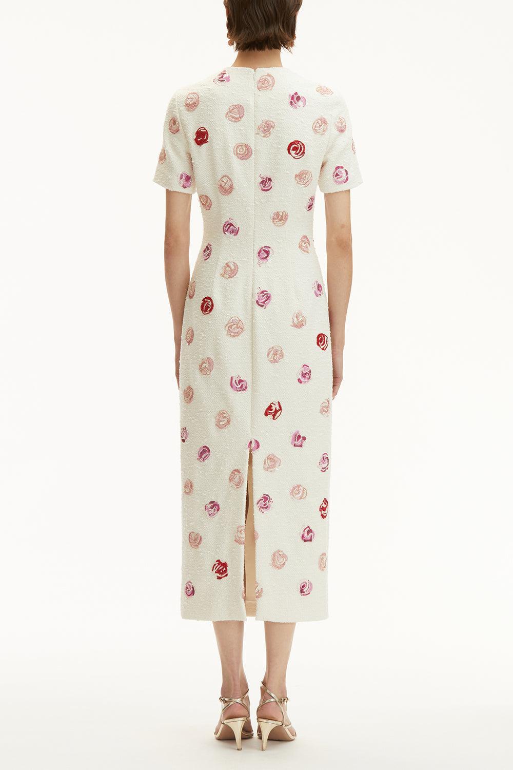 Short Sleeve Rose Embroidered Dress-IVORY-6-CLOTHINGDRESSCASUAL-OSCAR DE LA RENTA