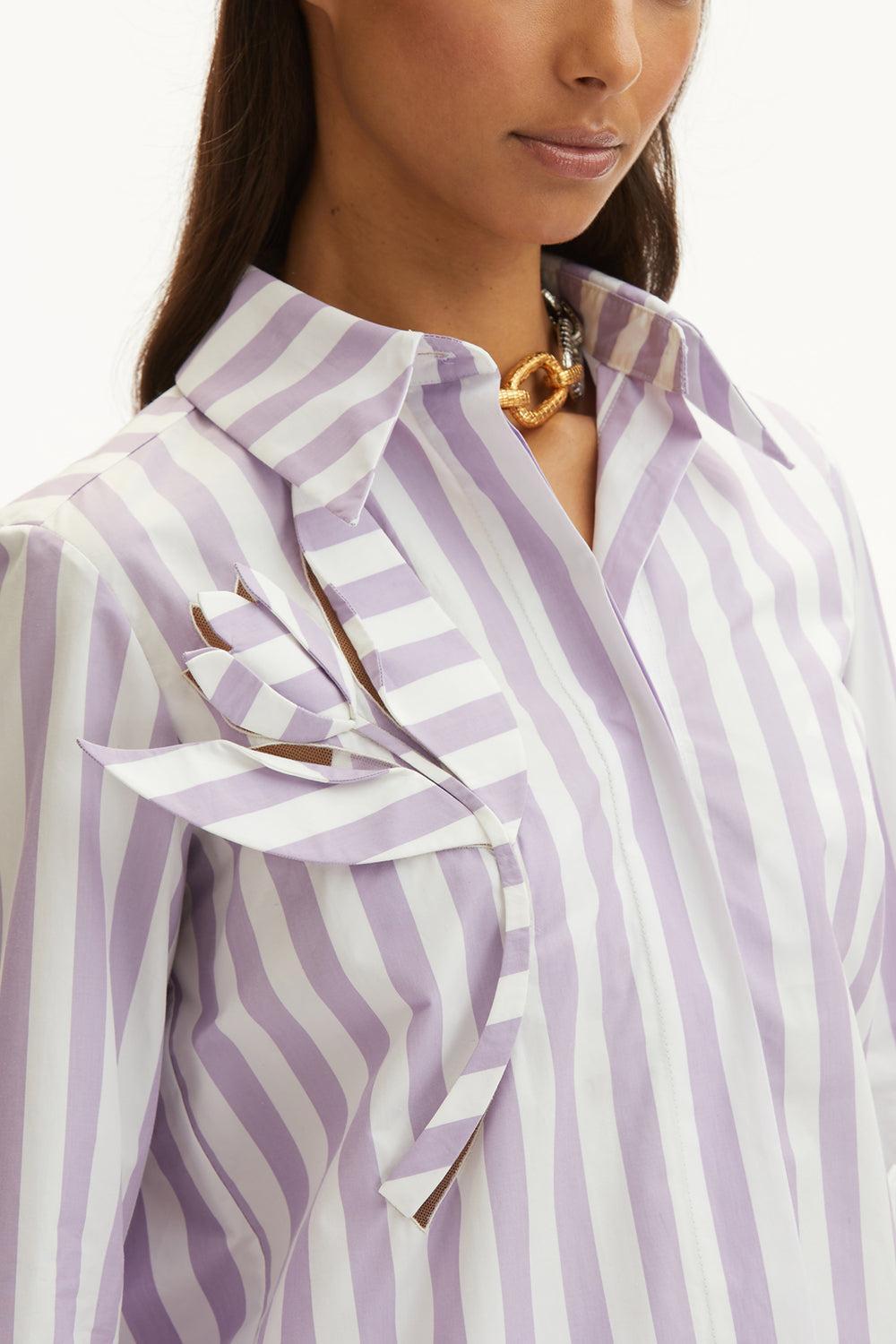Striped Floral Cut Out Blouse-THSTLWHT-2-CLOTHINGTOPBLOUSE-OSCAR DE LA RENTA