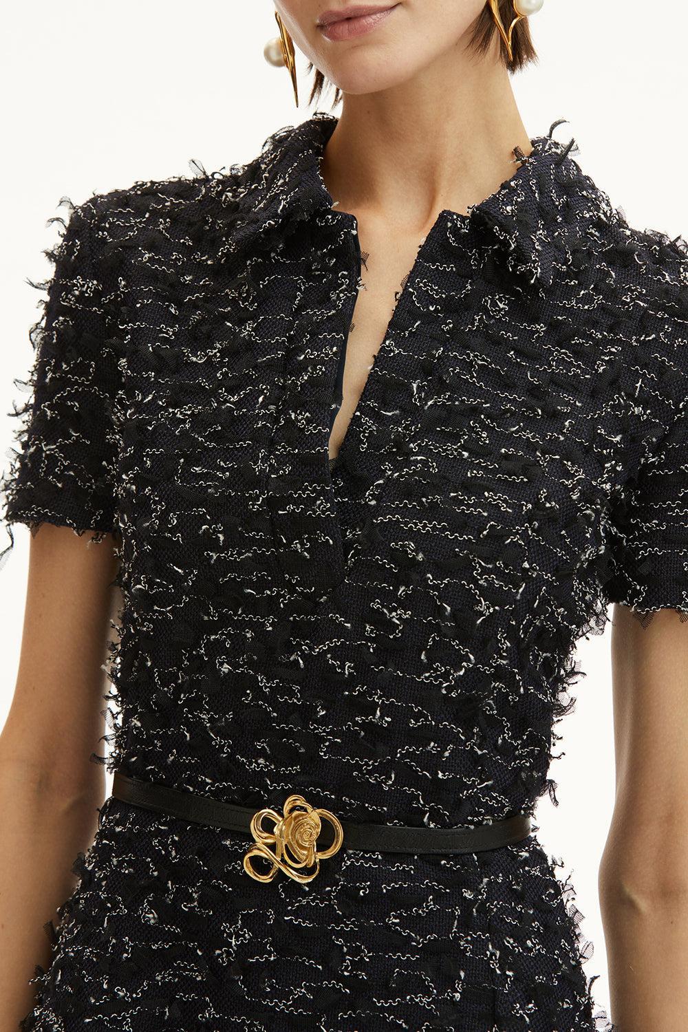 Short Sleeve Belt Dress-DK NAVY-2-CLOTHINGDRESSCASUAL-OSCAR DE LA RENTA